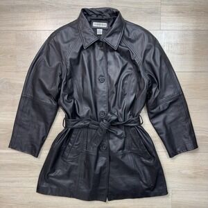 Preston & York Black Genuine Leather Belted Button Up Belt Tie Coat Mid Length L